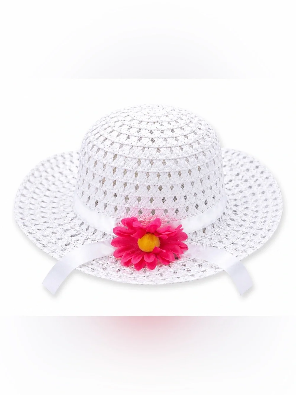 Little Girls White Sun Hat w/ Pink Flower | Lightweight Summer Beach Hat